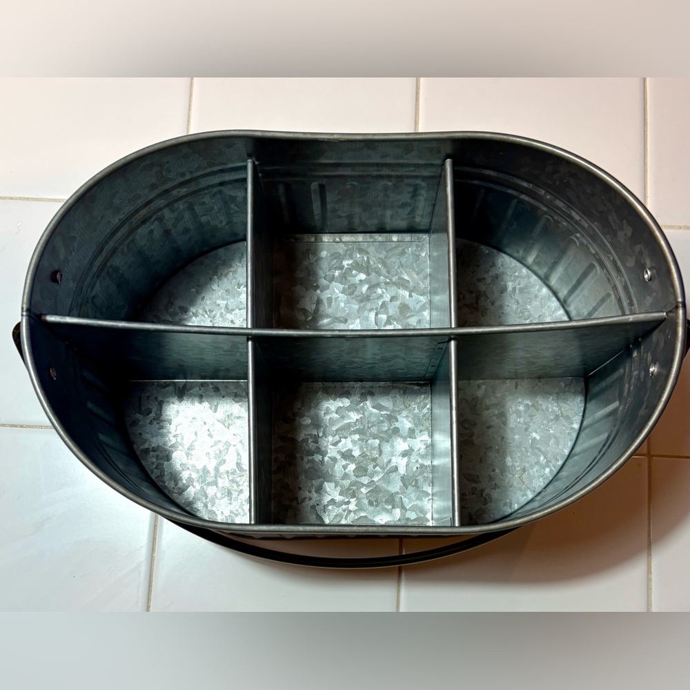 NWT, Better Homes & Gardens Galvanized Silver Utensil Caddy, Brass Tone Handle - Picture 5 of 8